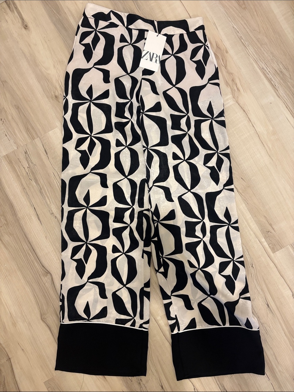 Zara Black and Cream Geometric Wide-Leg Pants